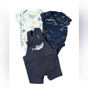 🍼 4 for $10 3 pk overalls & 2 shirts. Baby boy sharks
